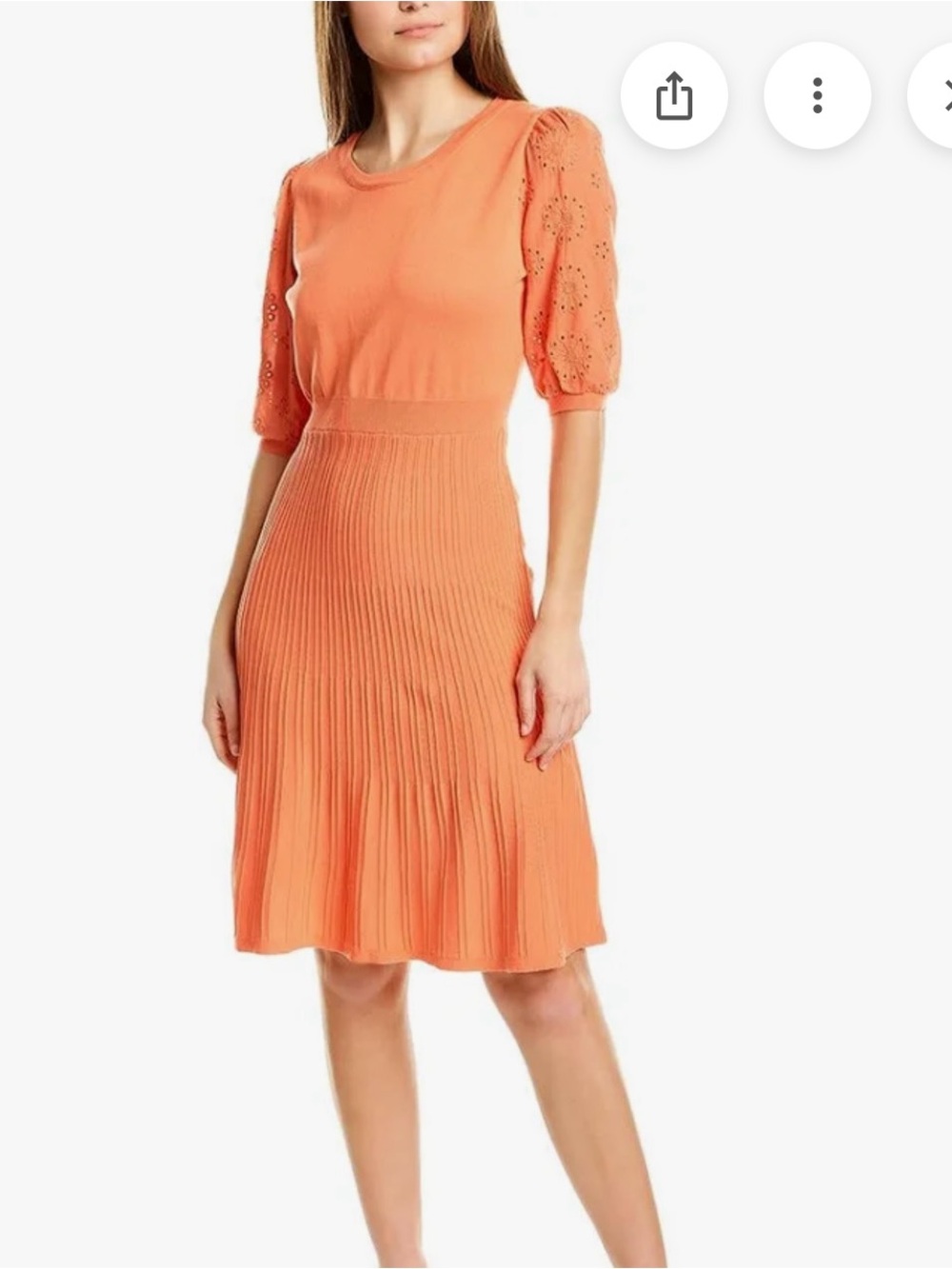 Nanette Baby Coral-Orange Pleated Midi Dress with Eyelet Puff Sleeves